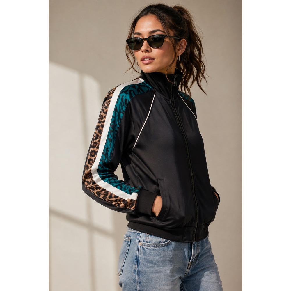 Pam & Gela Black Satin Track Jacket Animal Print Stripe Teal Leopard P